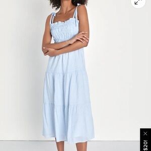 Lulus Flirting with Summer Blue Striped Tie-Strap Tiered Midi Dress